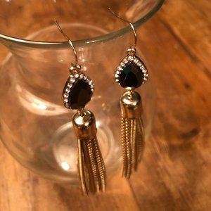 Black Crystal Gold Tone Long Tassel Earrings
